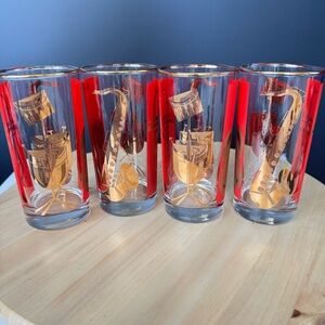 Set of 4 MCM Red & Gold Guild Tumblers Tall Drinking Glasses Musical Instuments